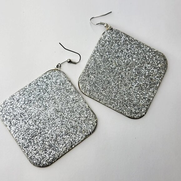 Silver Glitter Square Hook Earrings - Picture 1 of 4